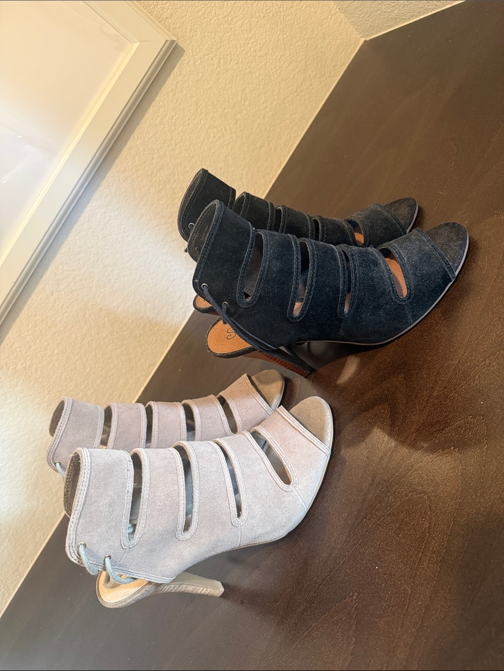 Seychelles Strappy Cutout Suede Heels in Black and Light Gray